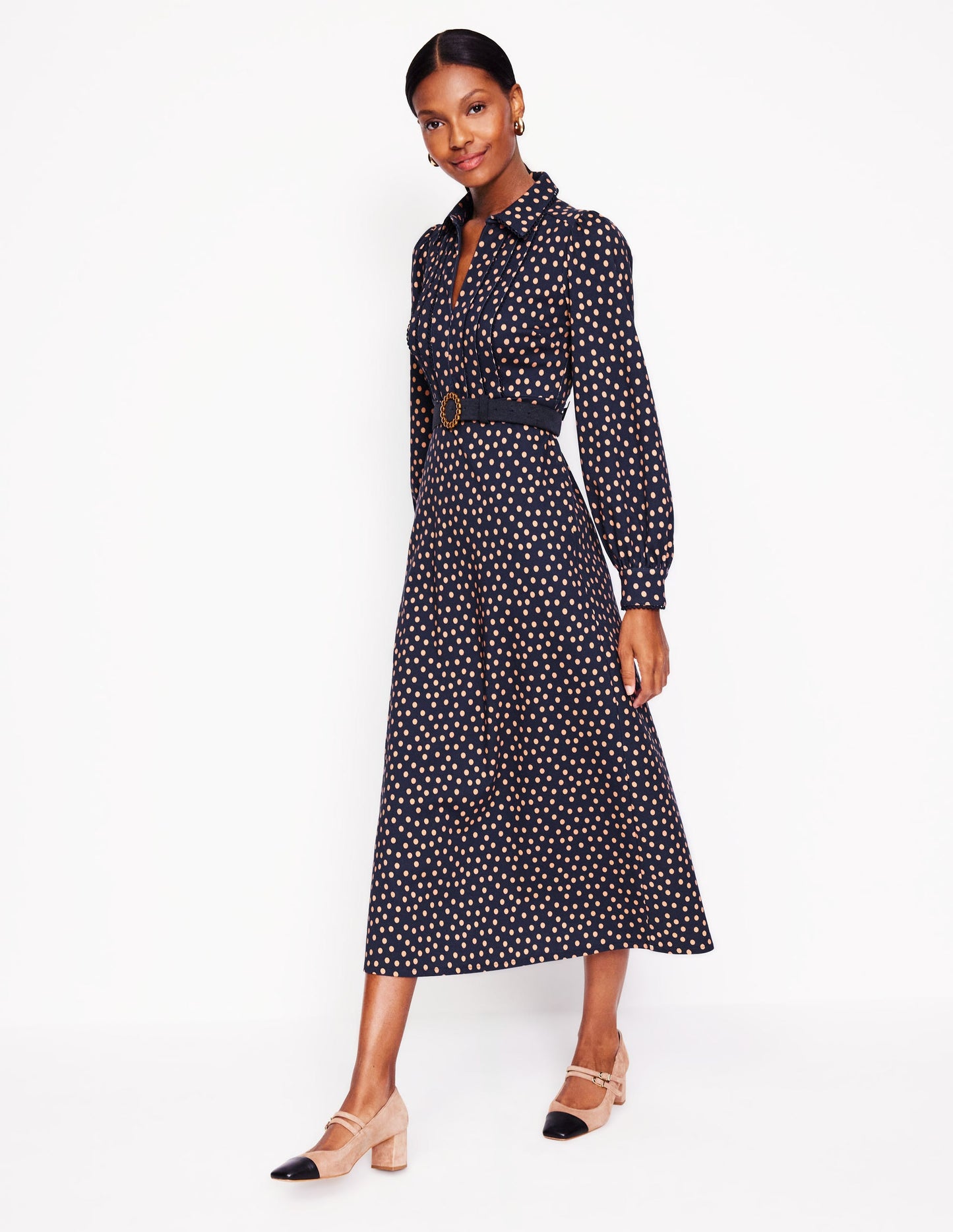 Piping Zip-up Ponte Dress-French Navy, Abstract Dot