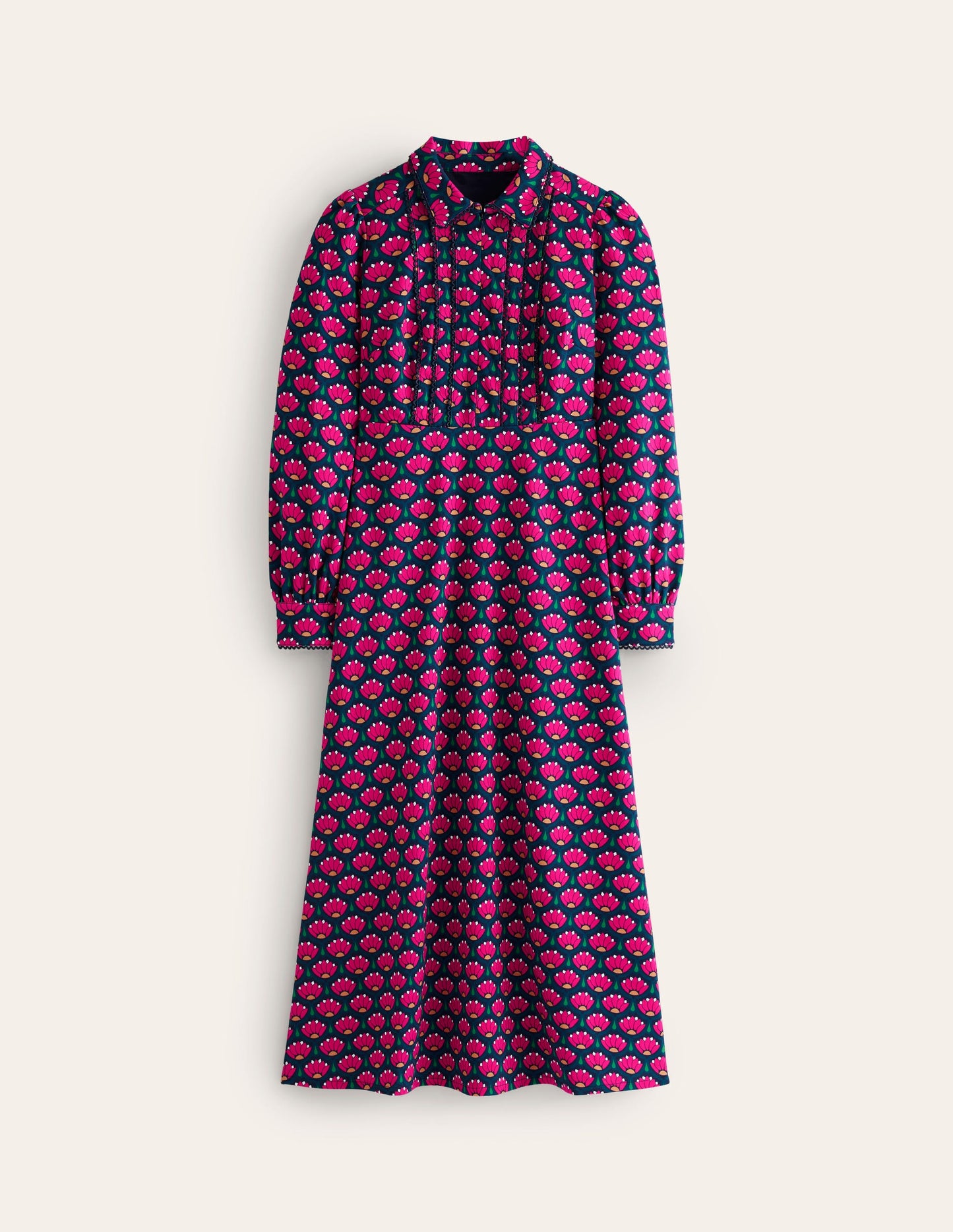 Piping Zip-up Ponte Dress-Bright Pink, Lotus Stamp