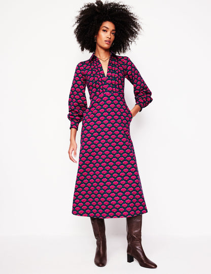 Piping Zip-up Ponte Dress-Bright Pink, Lotus Stamp