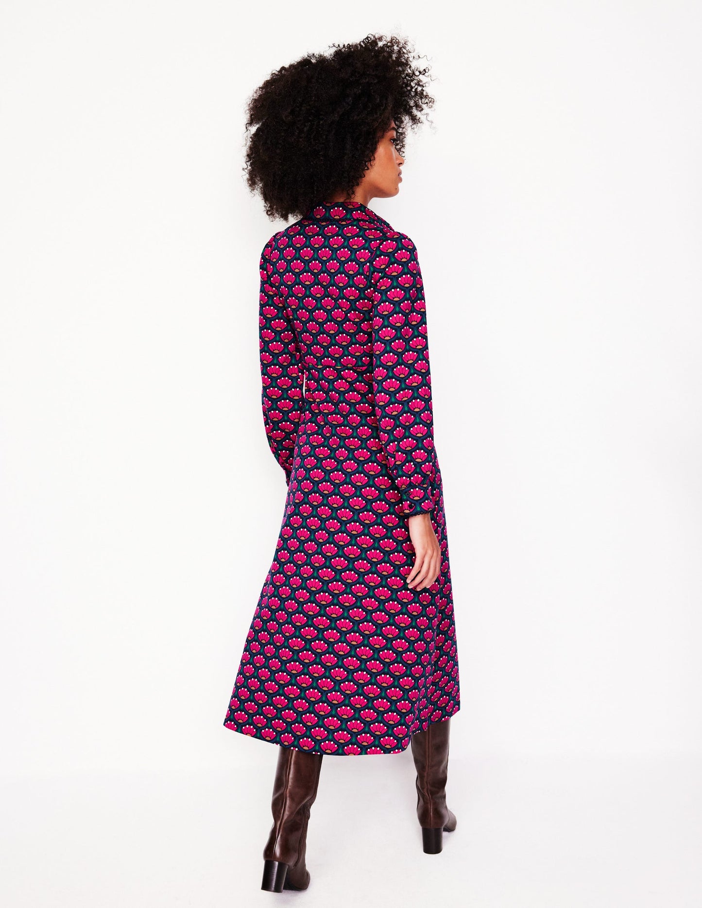 Piping Zip-up Ponte Dress-Bright Pink, Lotus Stamp