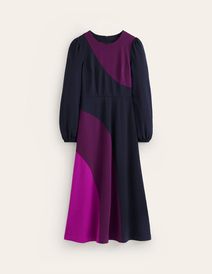 Crew Neck Ponte Dress-Navy, Damson Colourblock