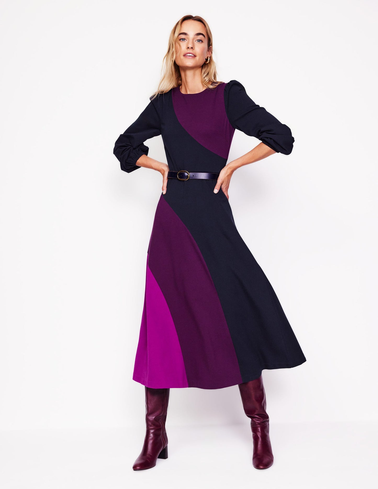 Crew Neck Ponte Dress-Navy, Damson Colourblock