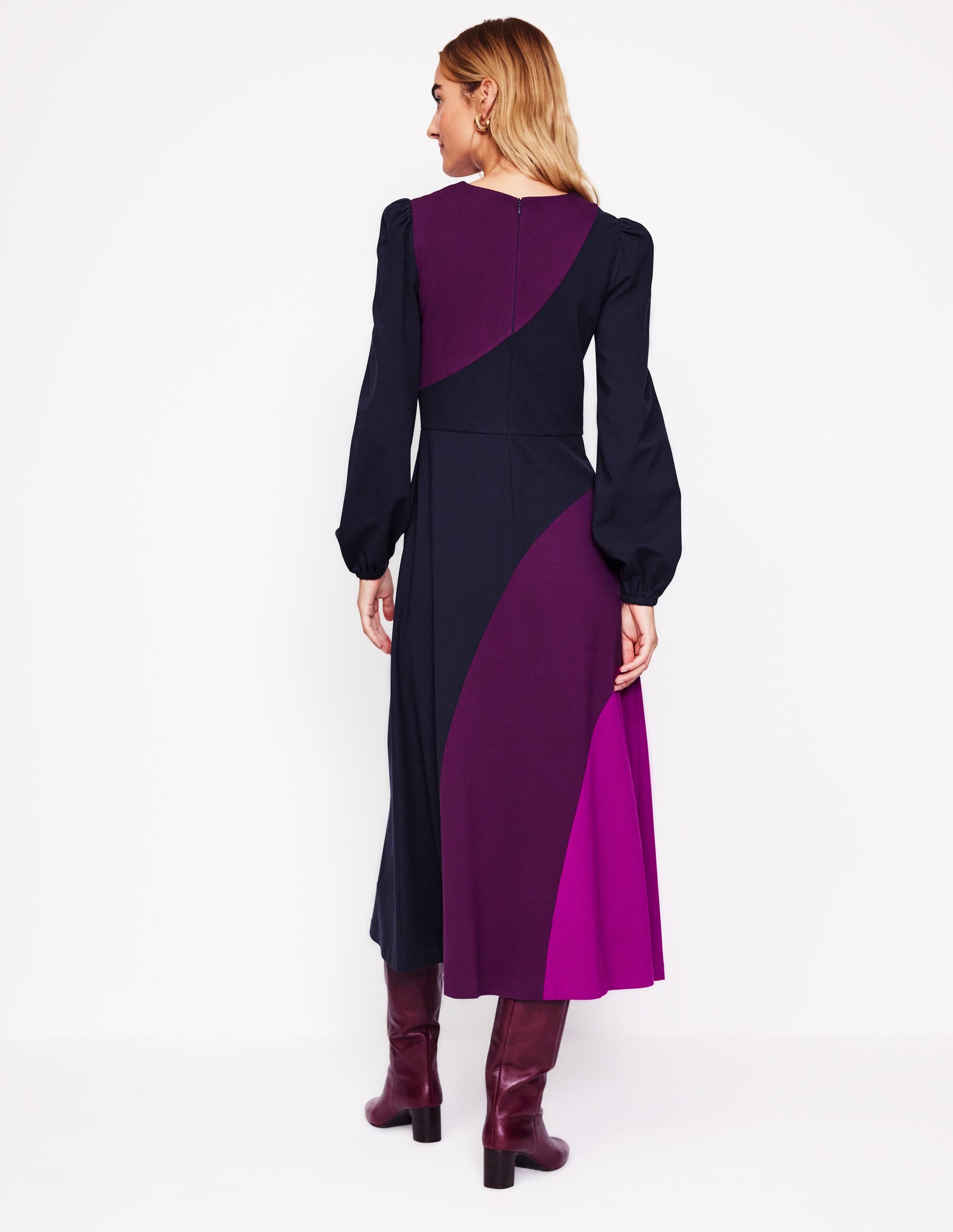 Crew Neck Ponte Dress-Navy, Damson Colourblock - Image 3