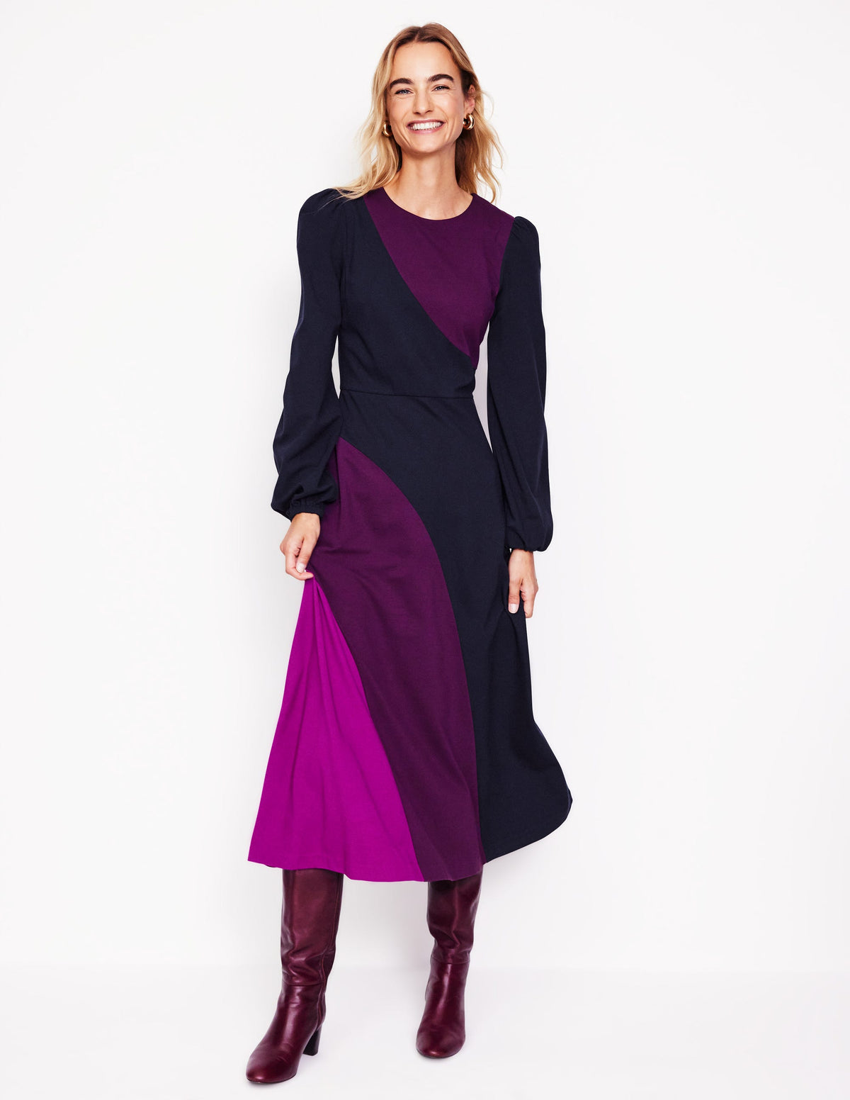 Crew Neck Ponte Dress-Navy, Damson Colourblock - Image 4