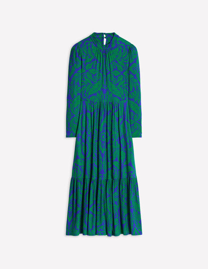 High Neck Tiered Jersey Dress-Rich Emerald, Elaborate Leaf