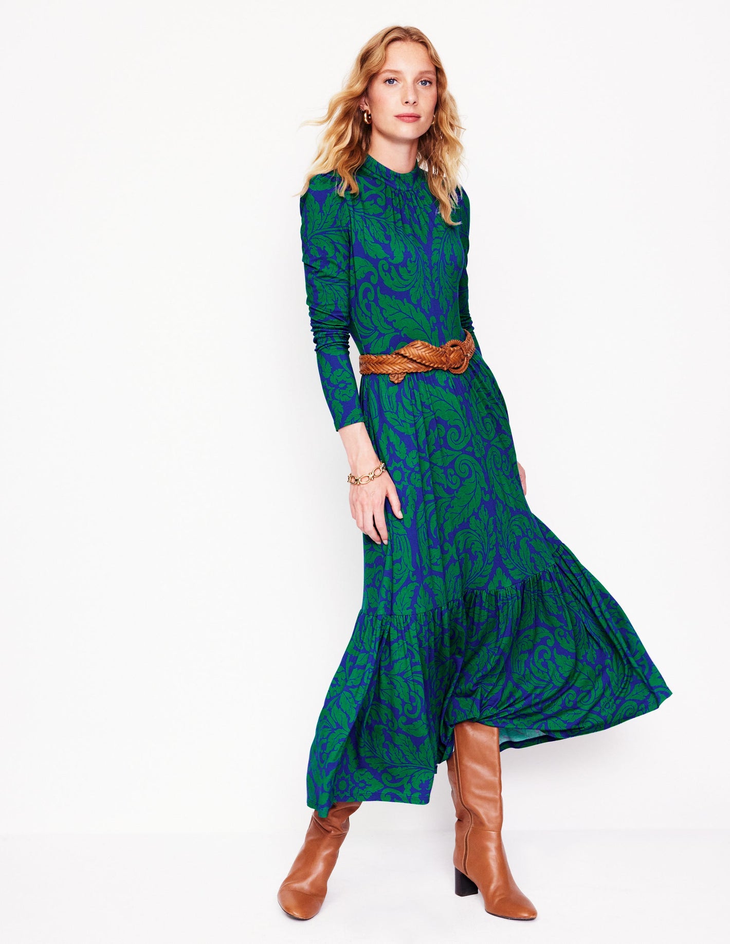 High Neck Tiered Jersey Dress-Rich Emerald, Elaborate Leaf