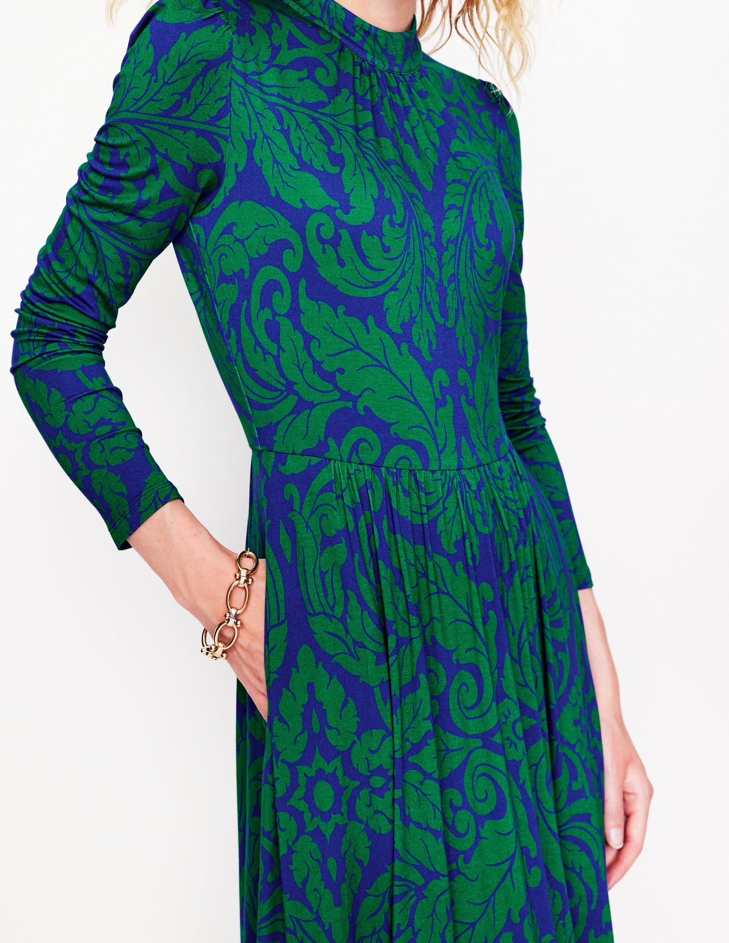 High Neck Tiered Jersey Dress-Rich Emerald, Elaborate Leaf