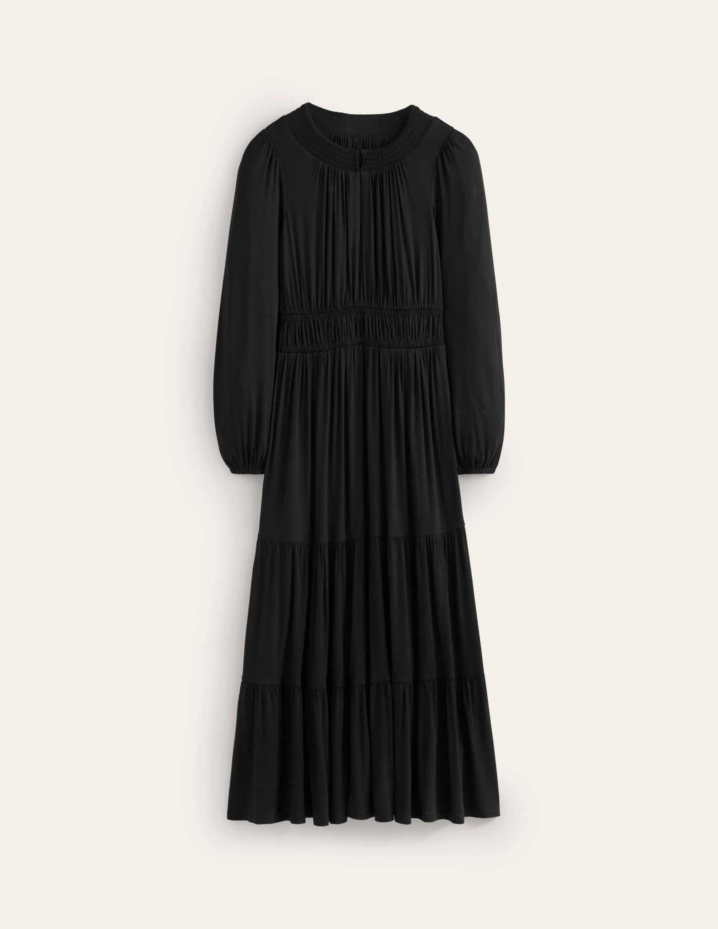 Smock Tiered Jersey Midi Dress-Black