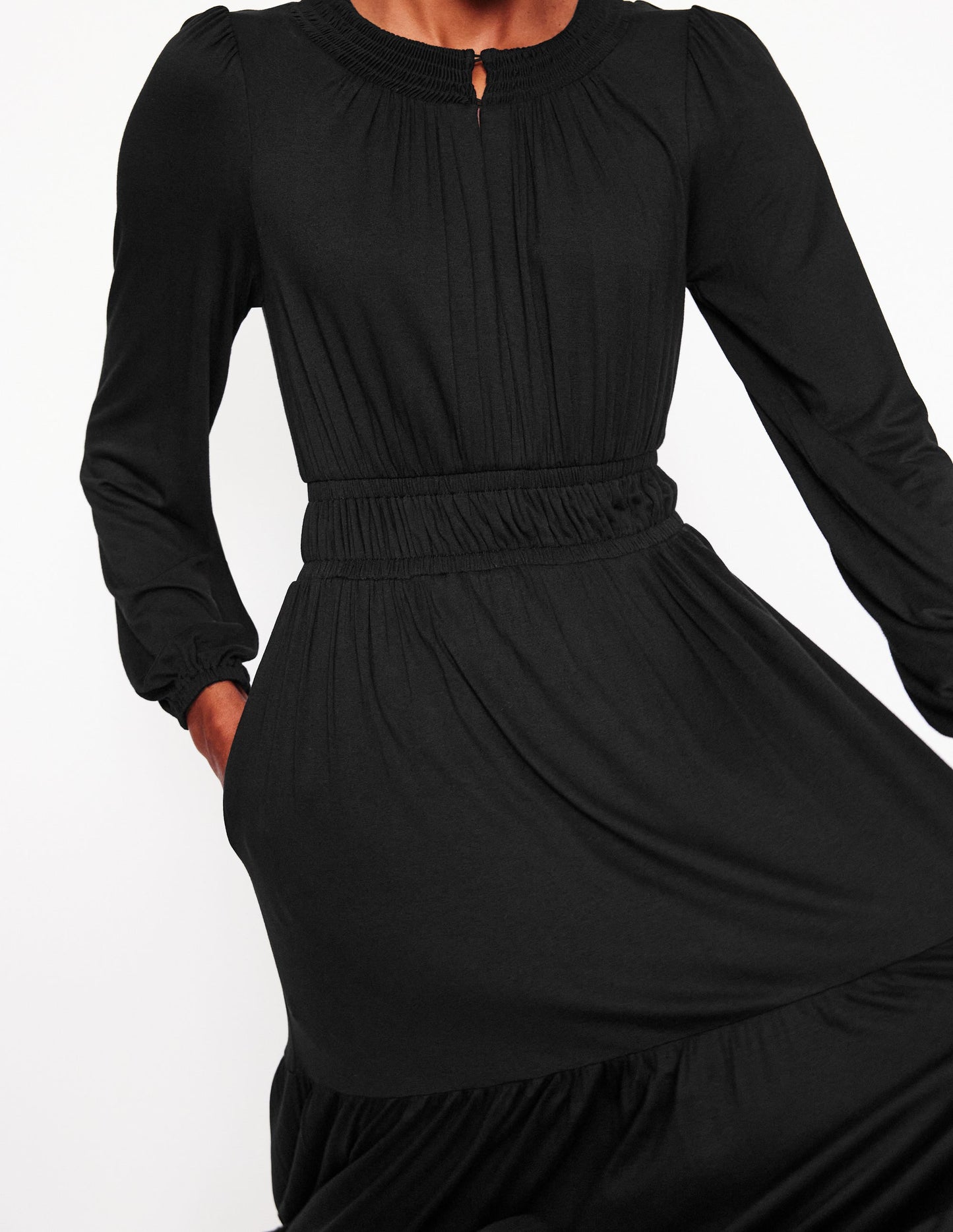 Smock Tiered Jersey Midi Dress-Black