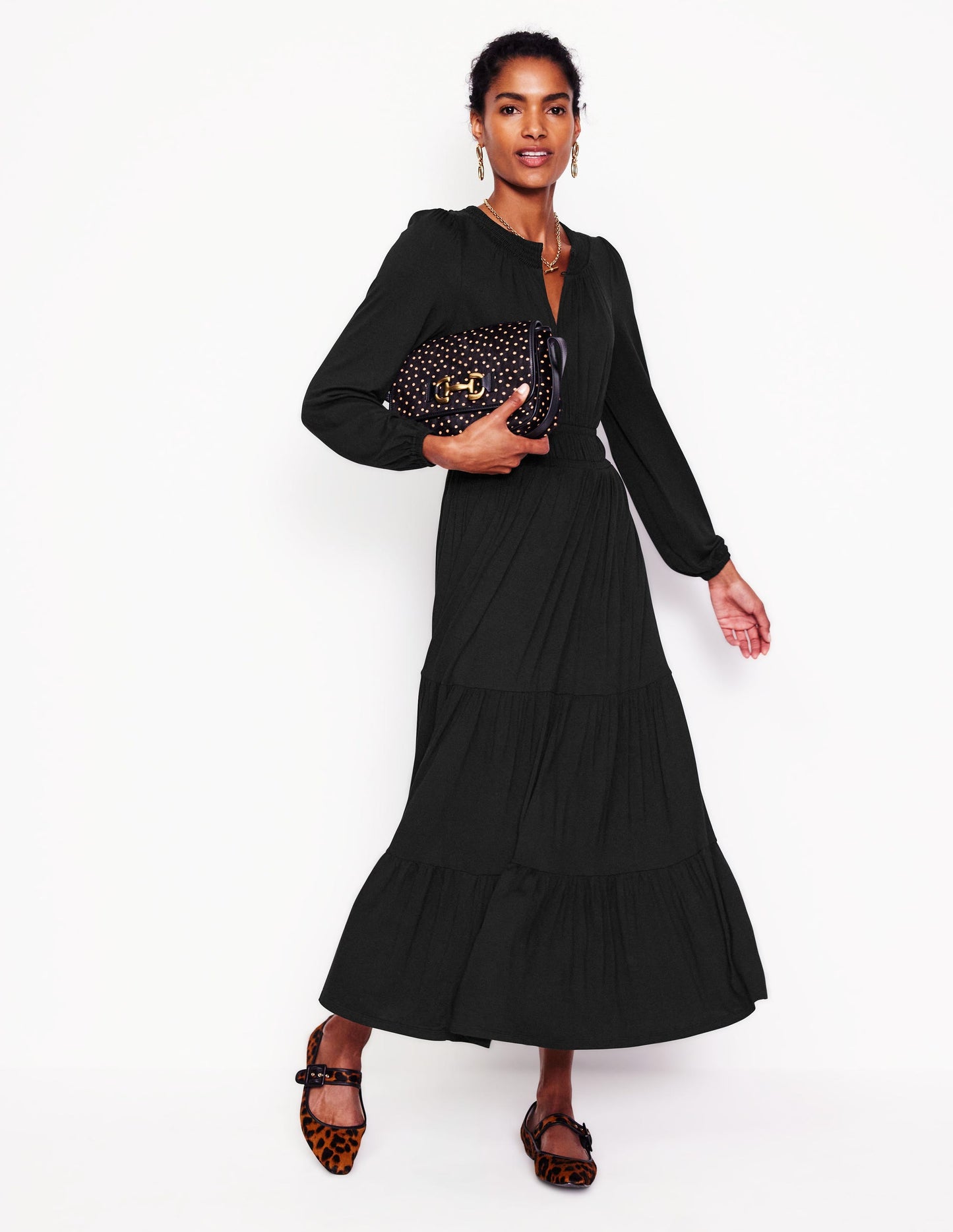 Smock Tiered Jersey Midi Dress-Black