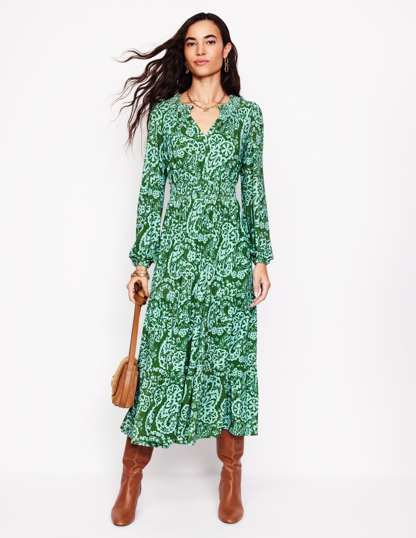 Smock Tiered Jersey Midi Dress-Brook, Paisley Cascade