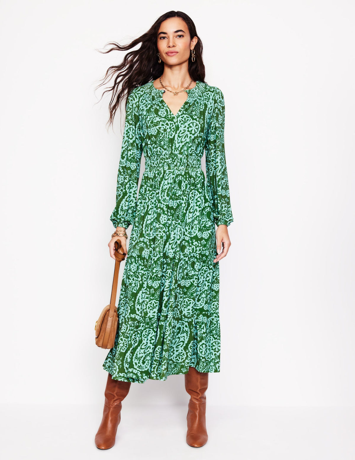 Smock Tiered Jersey Midi Dress-Brook, Paisley Cascade - Image 1