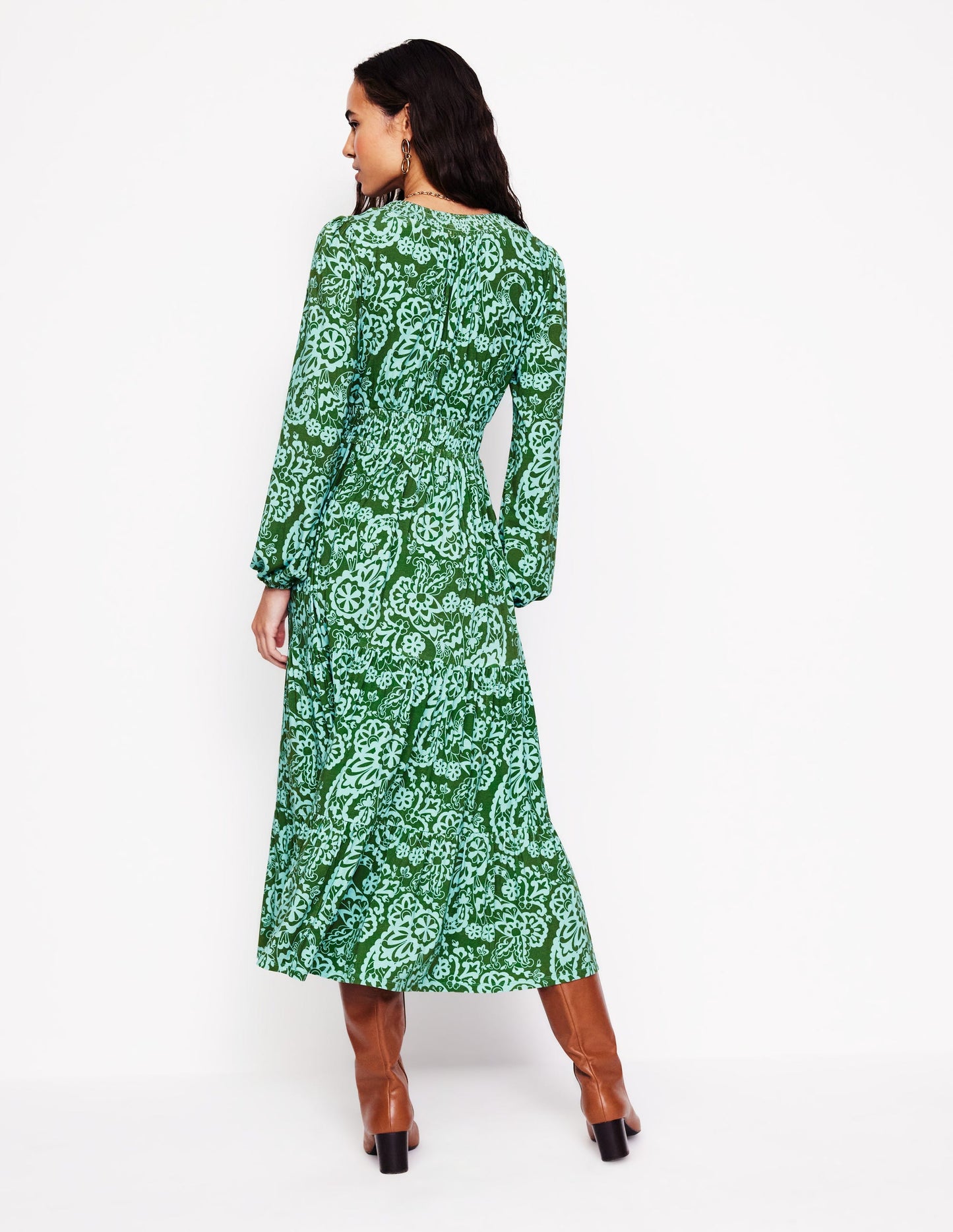 Smock Tiered Jersey Midi Dress-Brook, Paisley Cascade