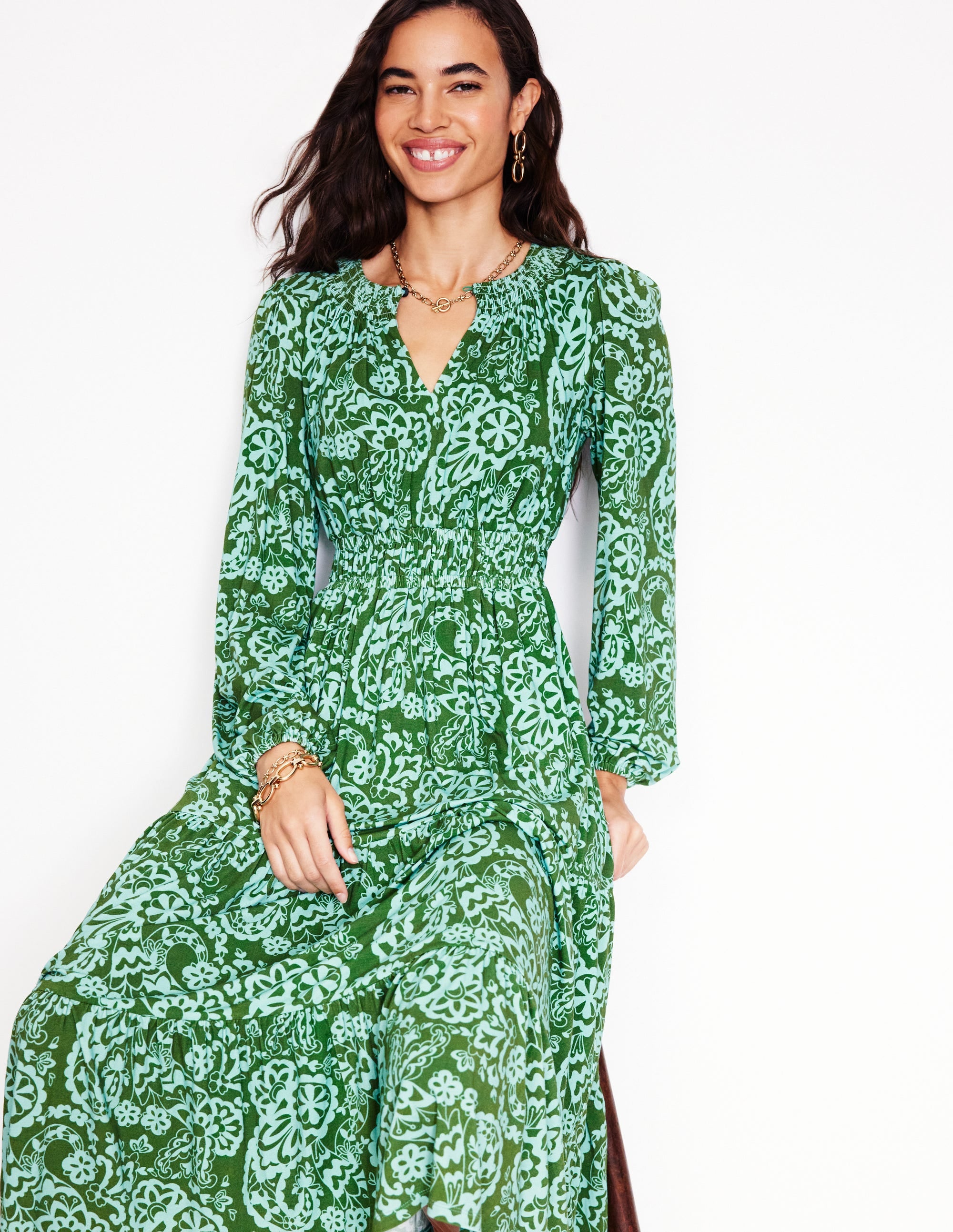 Smock Tiered Jersey Midi Dress-Brook, Paisley Cascade - Image 4