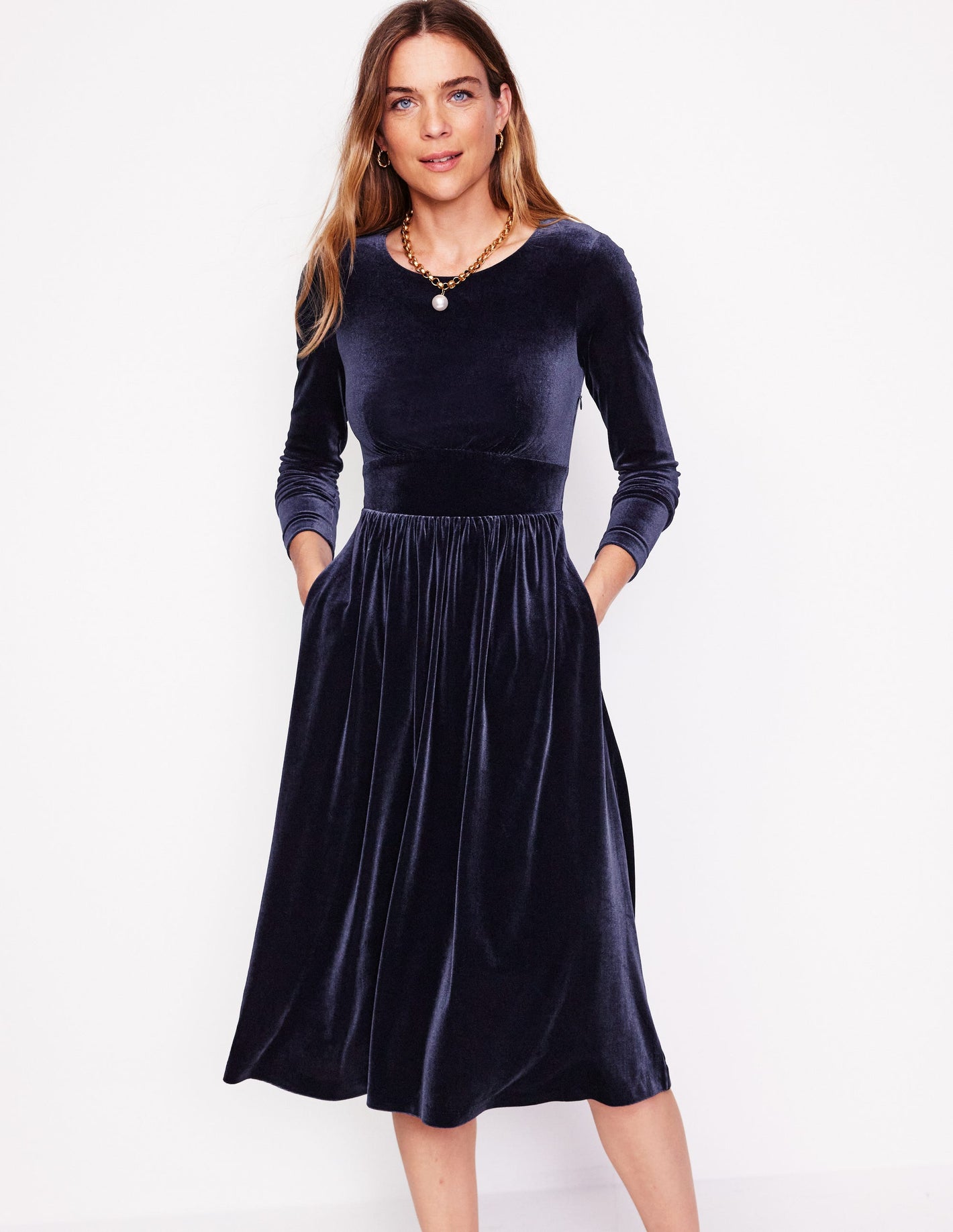 Thea Velvet Jersey Midi Dress-Navy