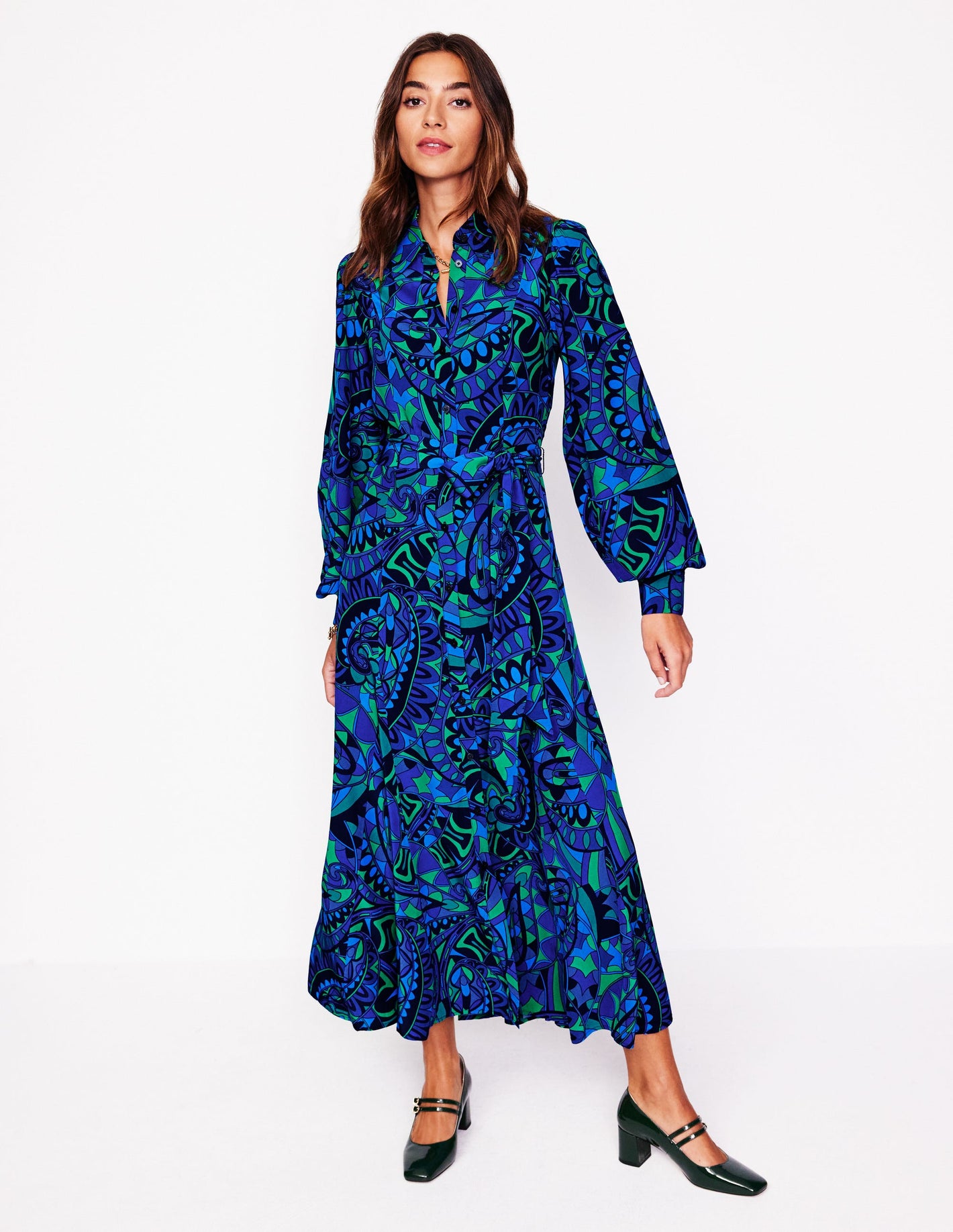 Martha Godet Maxi Shirt Dress-Blue, Kaleidoscopic Paisley