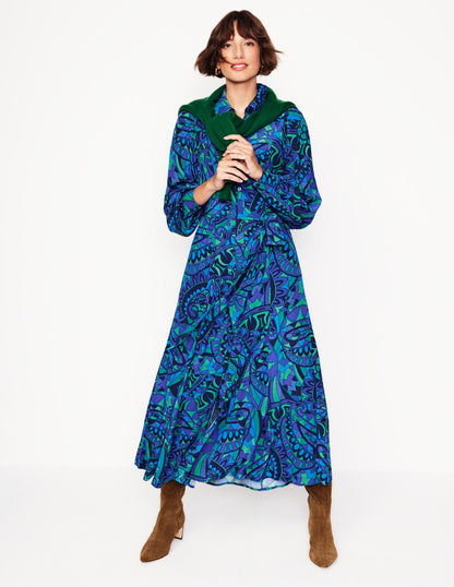 Martha Godet Maxi Shirt Dress-Blue, Kaleidoscopic Paisley