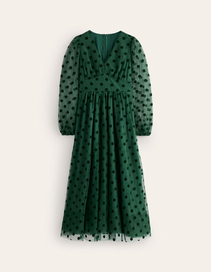 Christina Tulle Midi Dress-Green, Spots