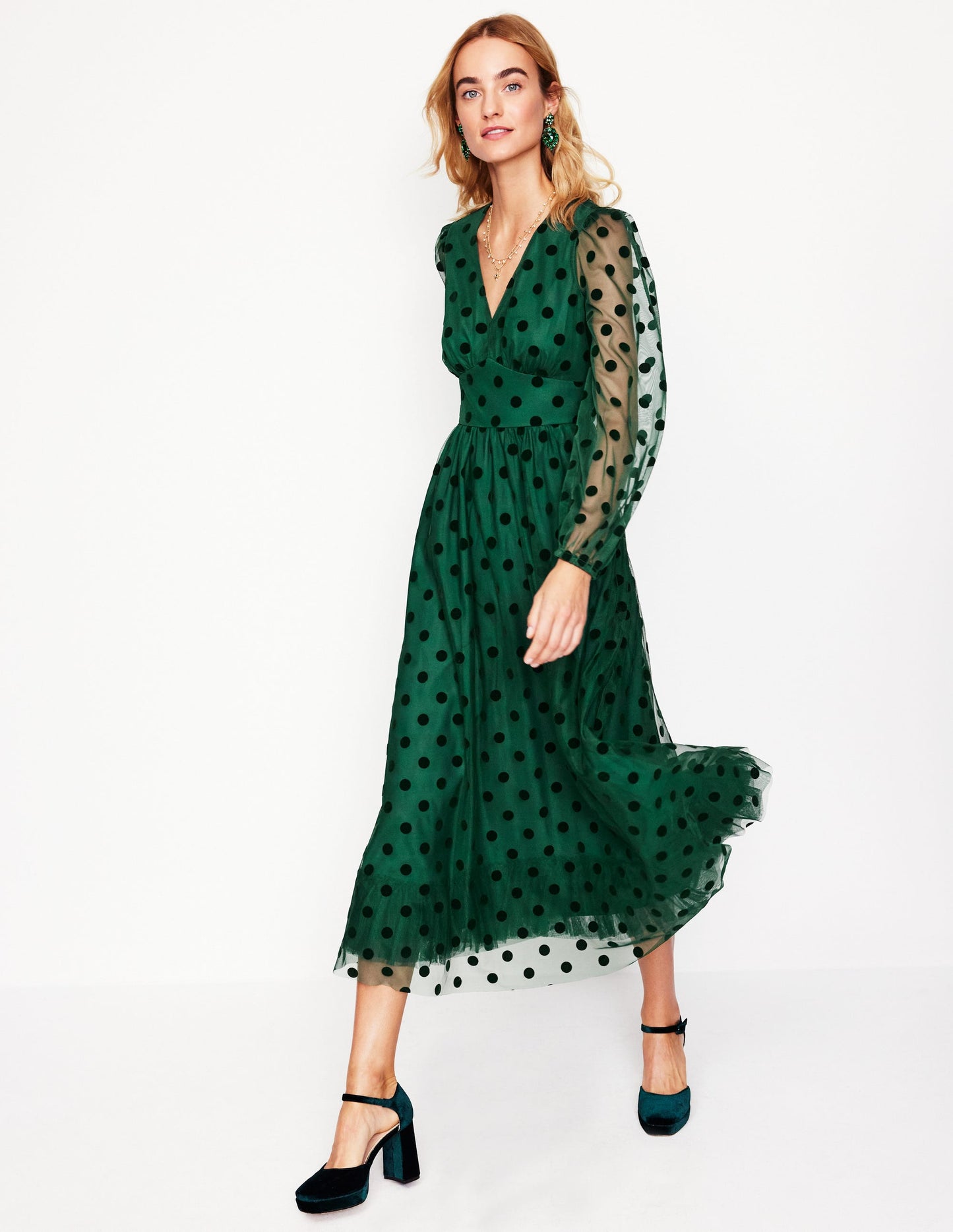 Christina Tulle Midi Dress-Green, Spots