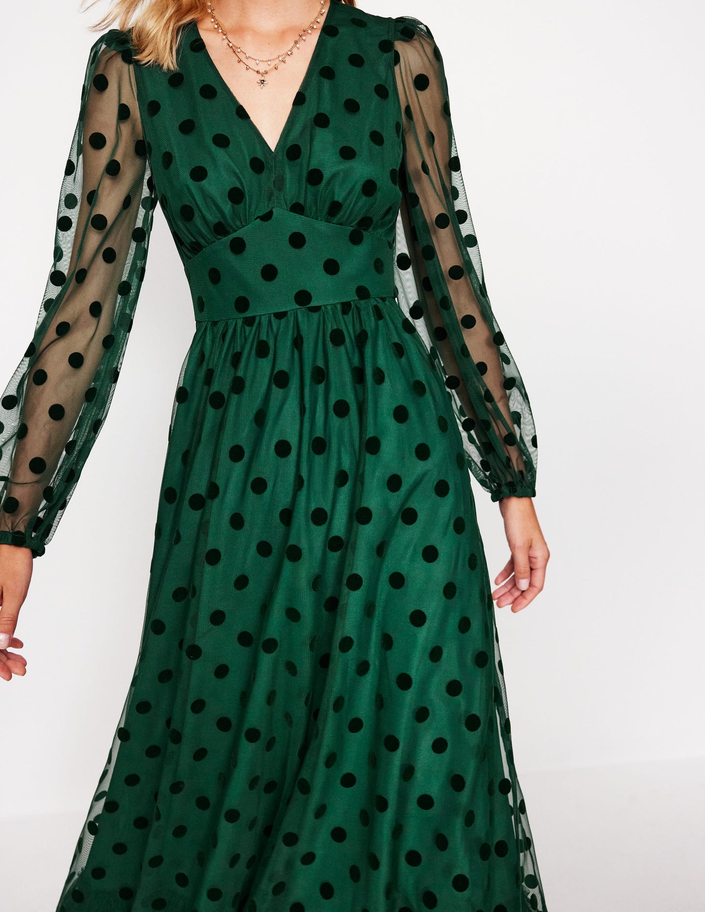 Christina Tulle Midi Dress-Green, Spots