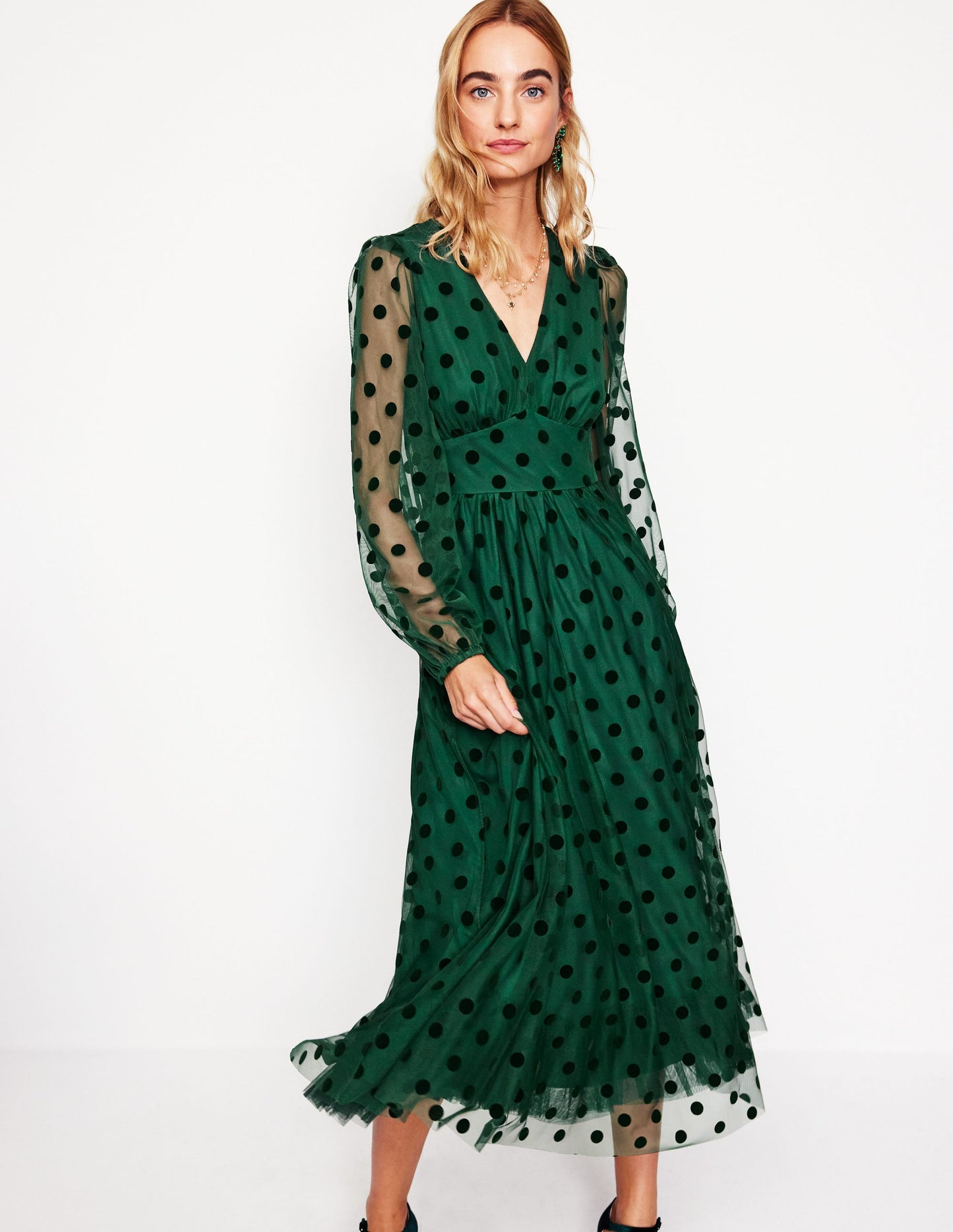 Christina Tulle Midi Dress-Green, Spots