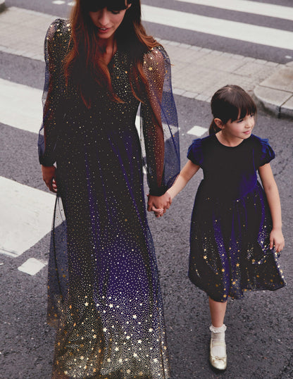 Christina Tulle Midi Dress-Navy, Foil Scattered Stars