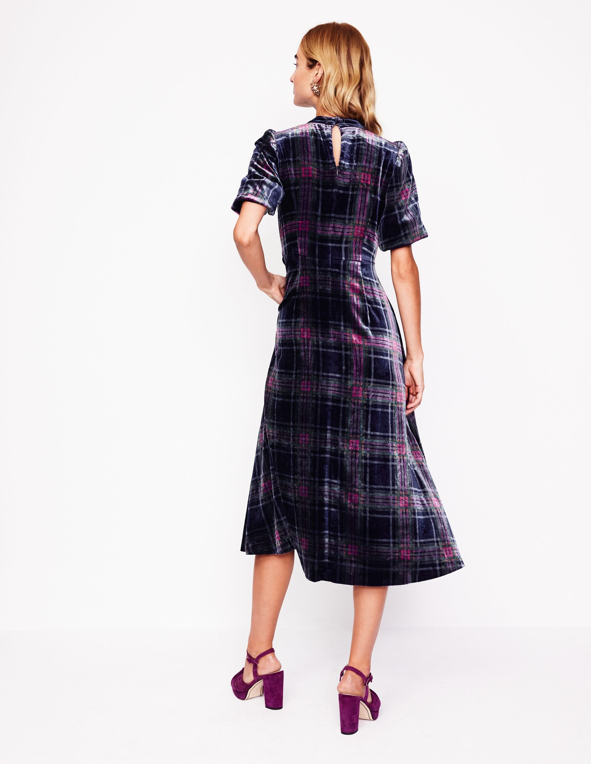 High Neck Velvet Dress-Navy and Red Check - Image 3