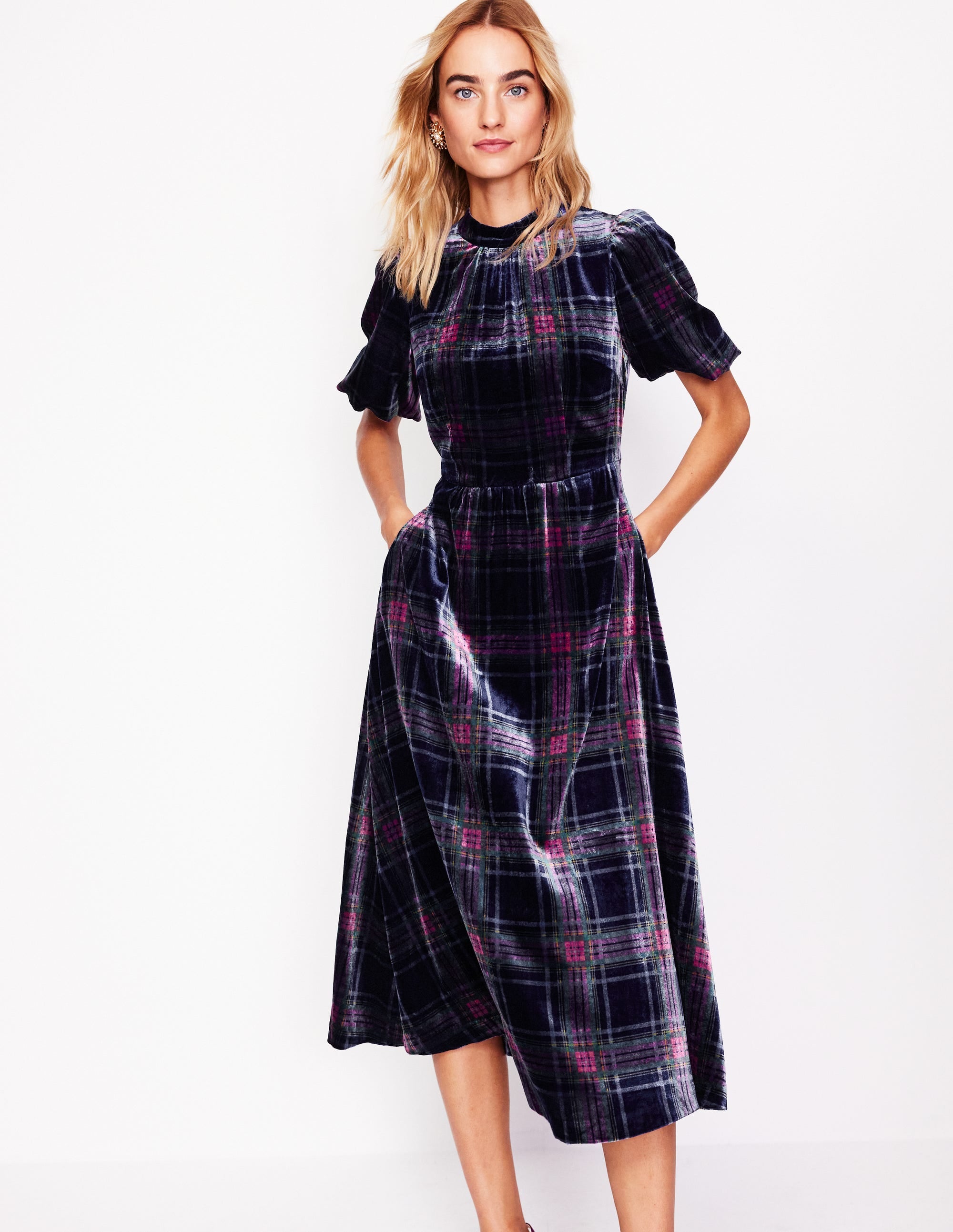 High Neck Velvet Dress-Navy and Red Check - Image 4