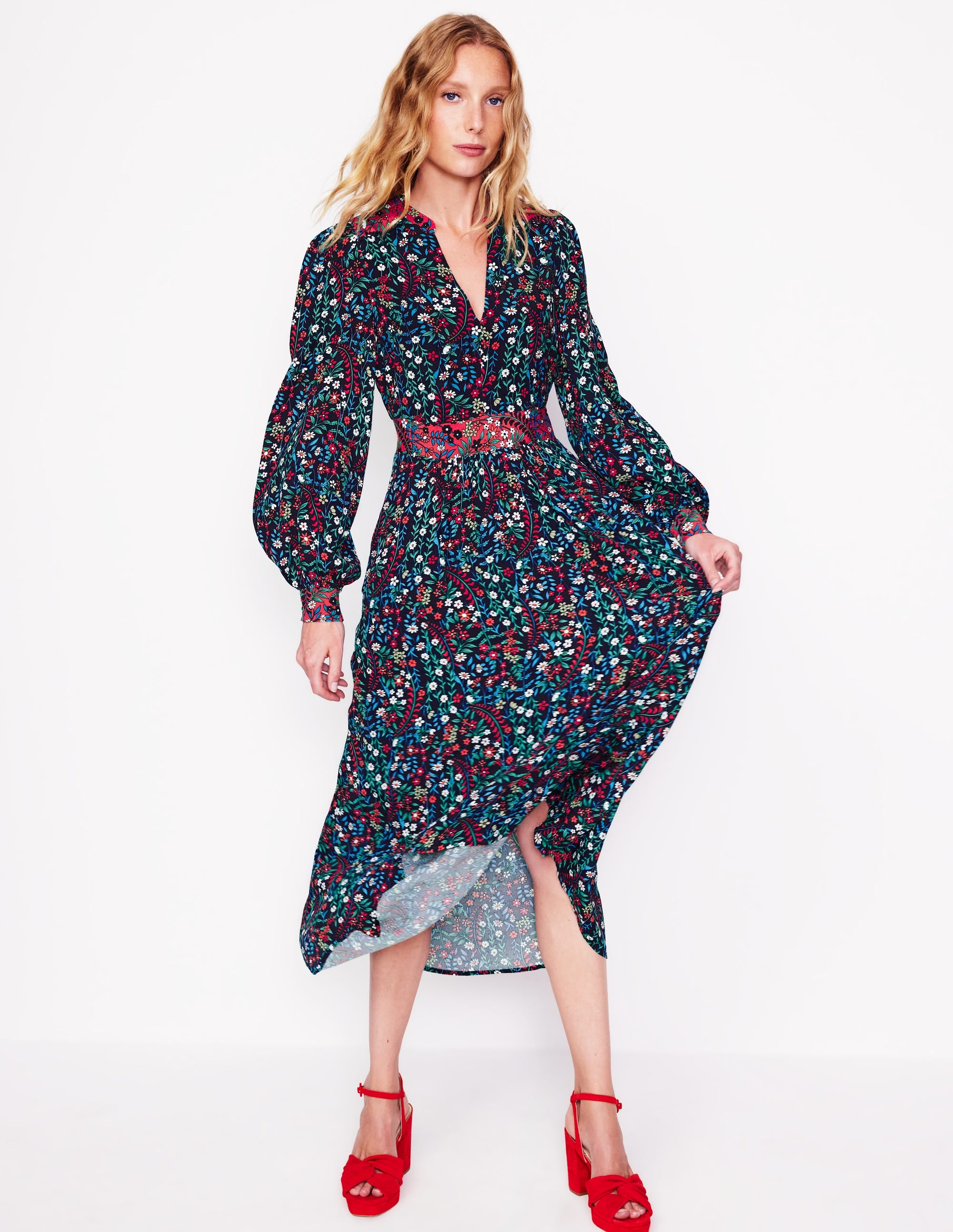 Zoe Trim Detail Midi Dress-French Navy, Foliage Bud - Image 4