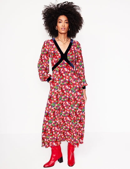 Velvet Trim Maxi Tea Dress-Bright Ruby, Floral Burst