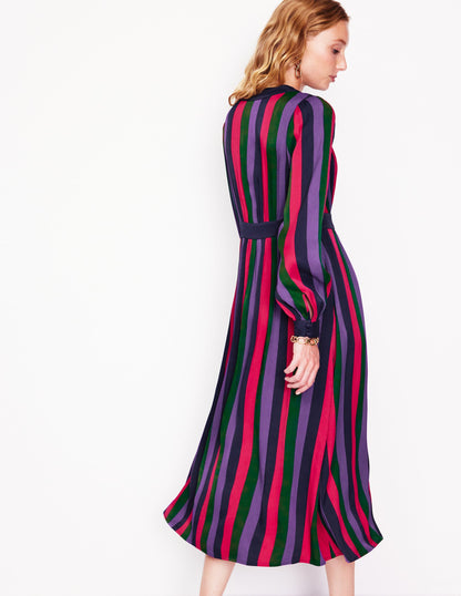 Colourblock V Neck Midi Dress-Pine and Ameythyst Stripe