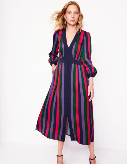 Colourblock V Neck Midi Dress-Pine and Ameythyst Stripe