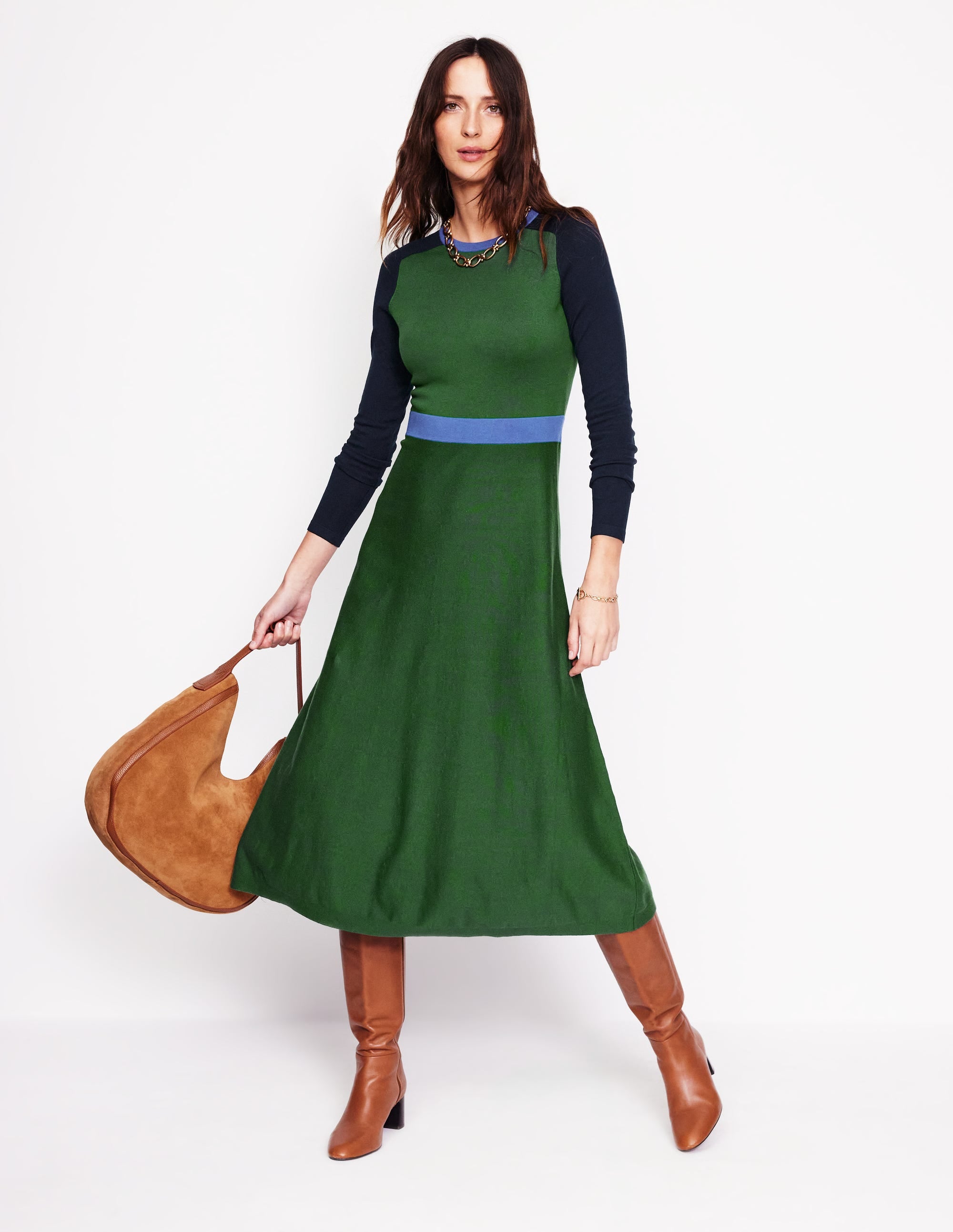 Marta Knitted Midi Dress-Pine, Navy Colourblock - Image 1
