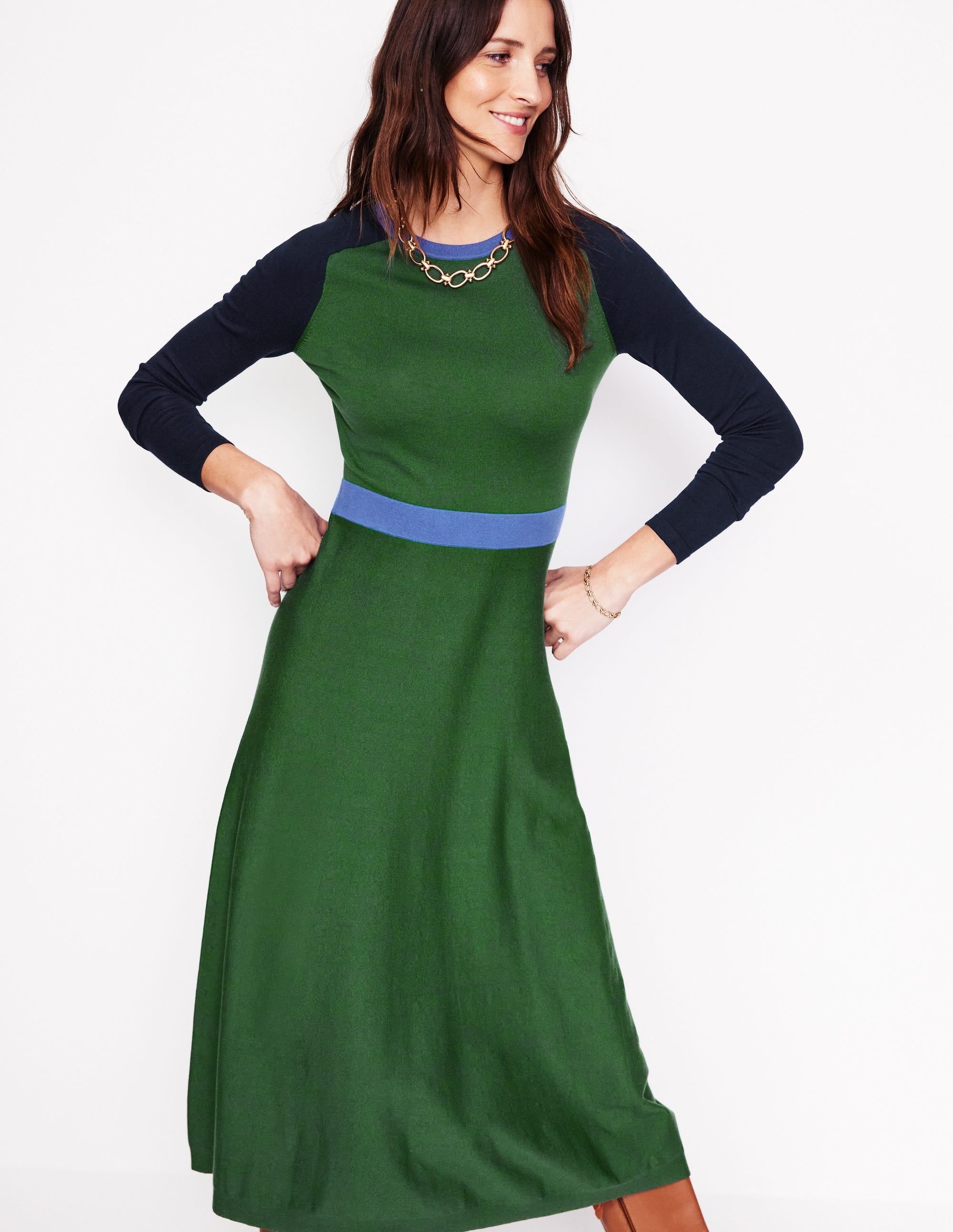 Marta Knitted Midi Dress-Pine, Navy Colourblock - Image 4