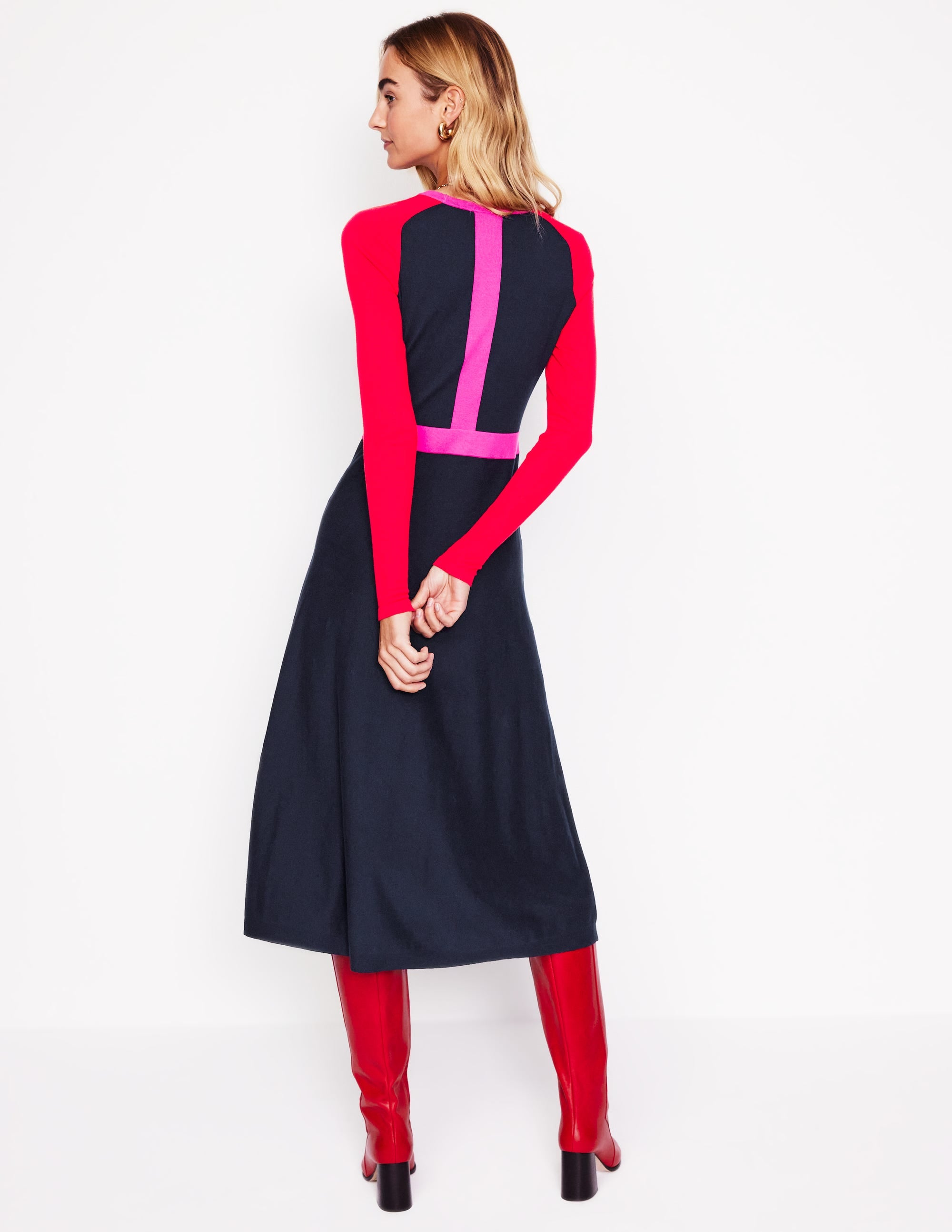Marta Knitted Midi Dress-Navy, Rouge Colourblock - Image 3
