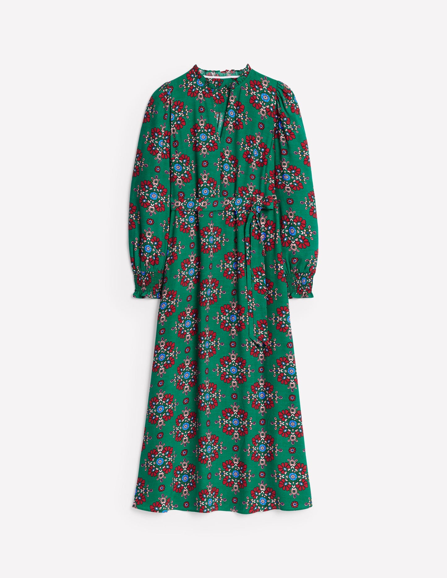 Notch Neck Midi Dress-Green, Adorned Stamp