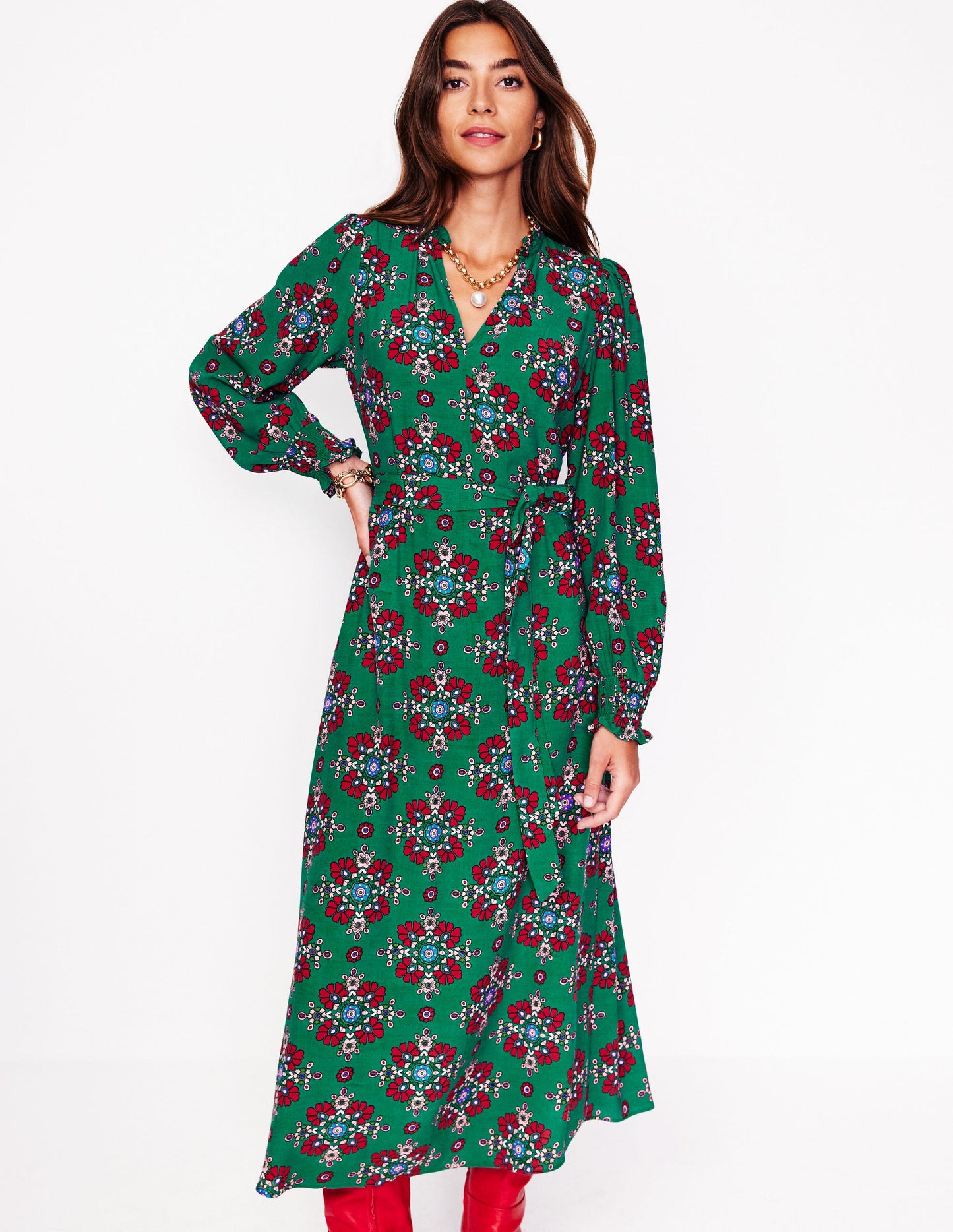 Notch Neck Midi Dress-Green, Adorned Stamp