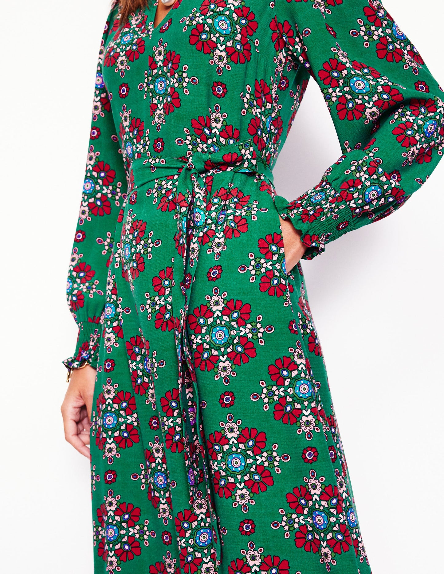 Notch Neck Midi Dress-Green, Adorned Stamp