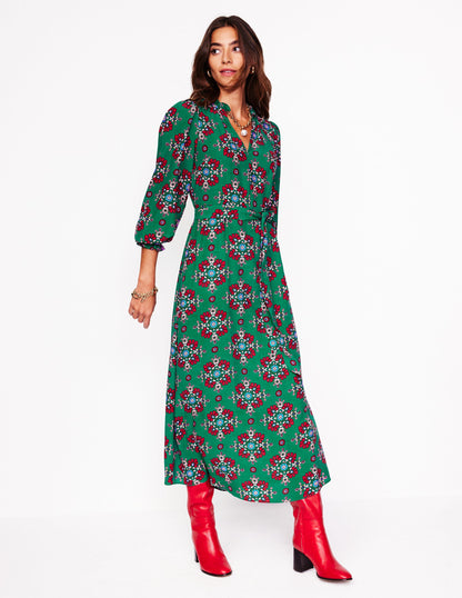 Notch Neck Midi Dress-Green, Adorned Stamp