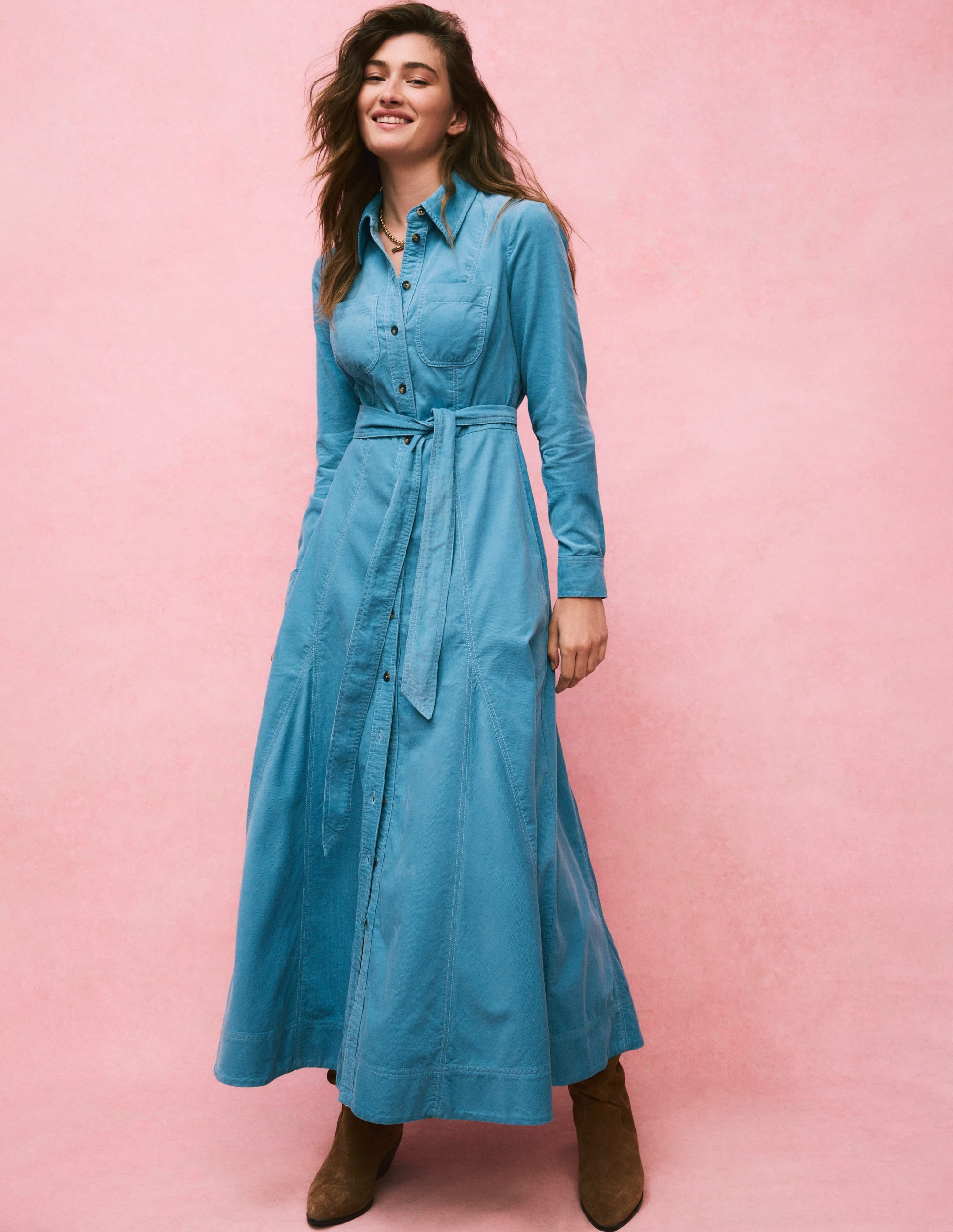Mila Cord Midi Shirt Dress-Duck Egg Blue - Image 1