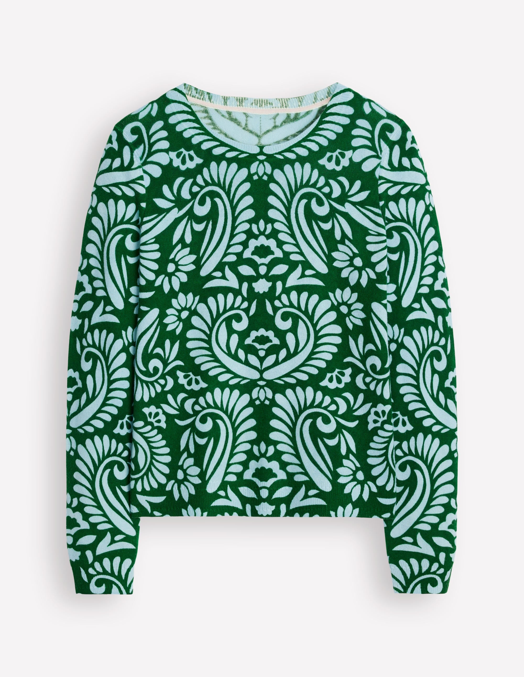 Eva Cashmere Crew Neck Sweater-Pine Green, Decorative Flora - Image 5