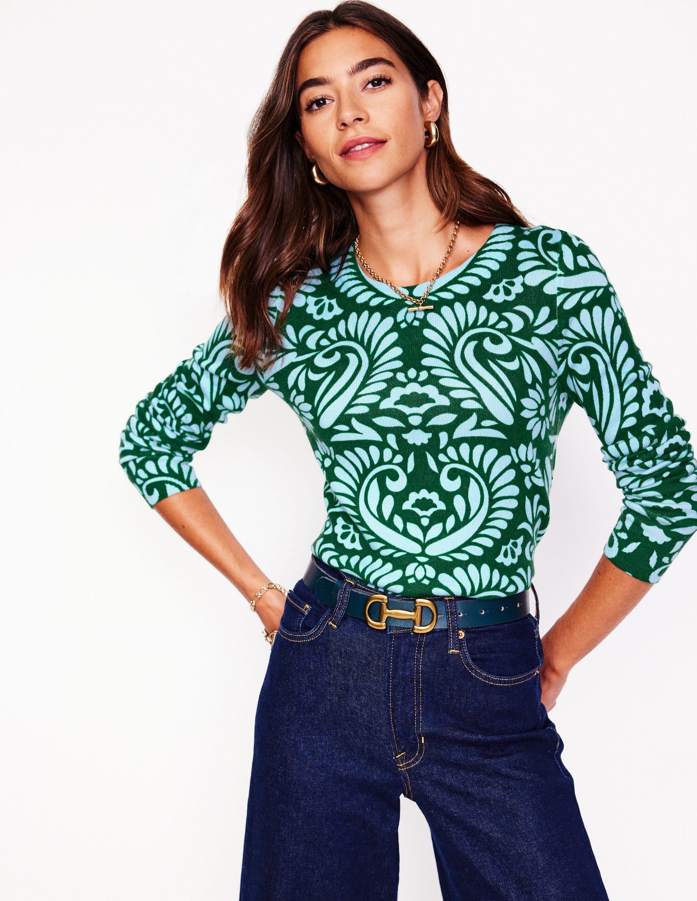 Eva Cashmere Crew Neck Sweater-Pine Green, Decorative Flora