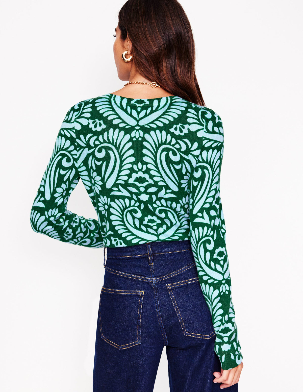 Eva Cashmere Crew Neck Sweater-Pine Green, Decorative Flora - Image 3