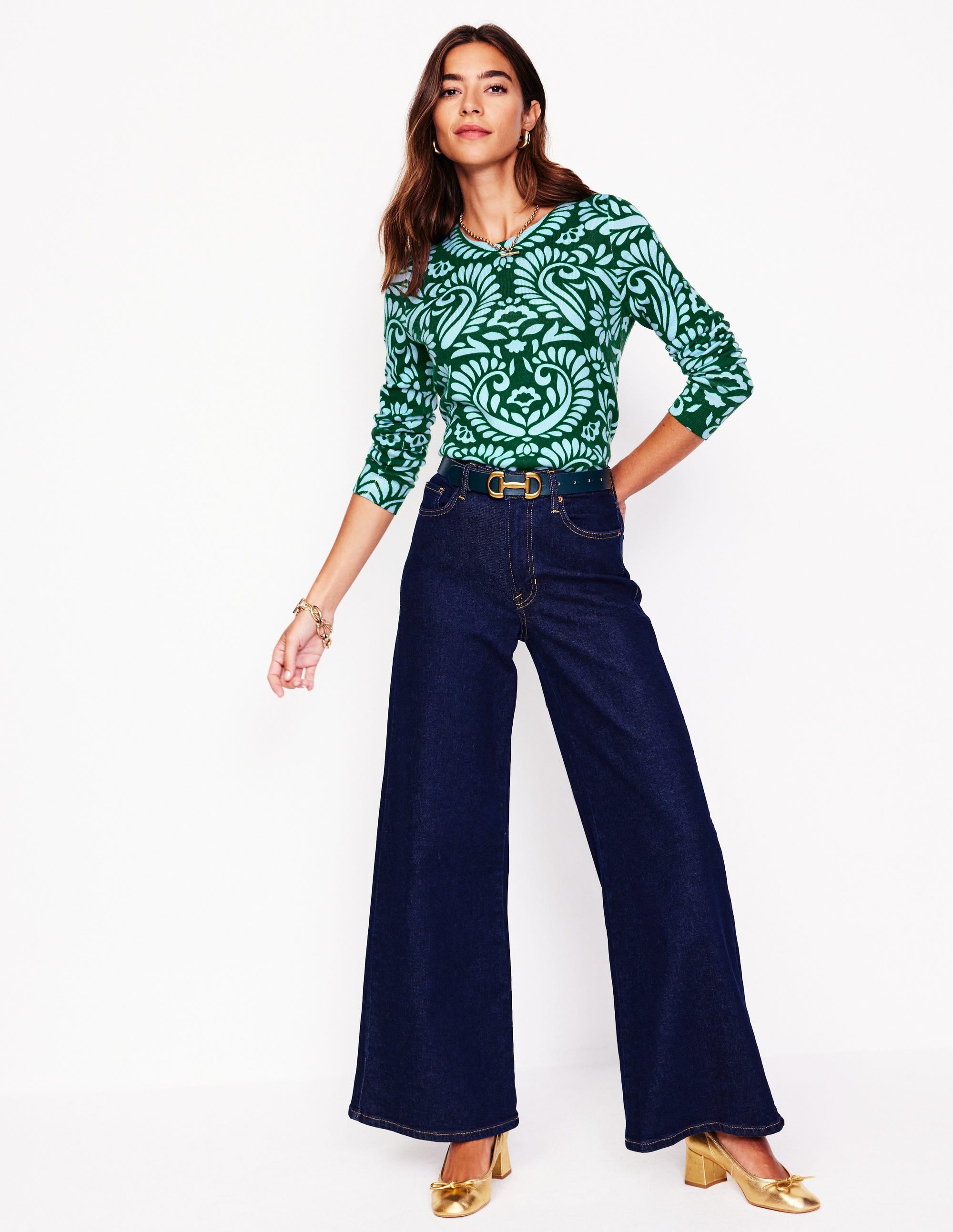 Eva Cashmere Crew Neck Sweater-Pine Green, Decorative Flora - Image 4