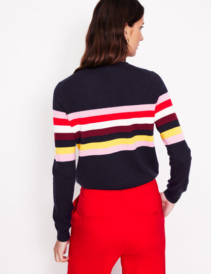 Eva Cashmere Crew Neck Jumper-Navy, Rainbow