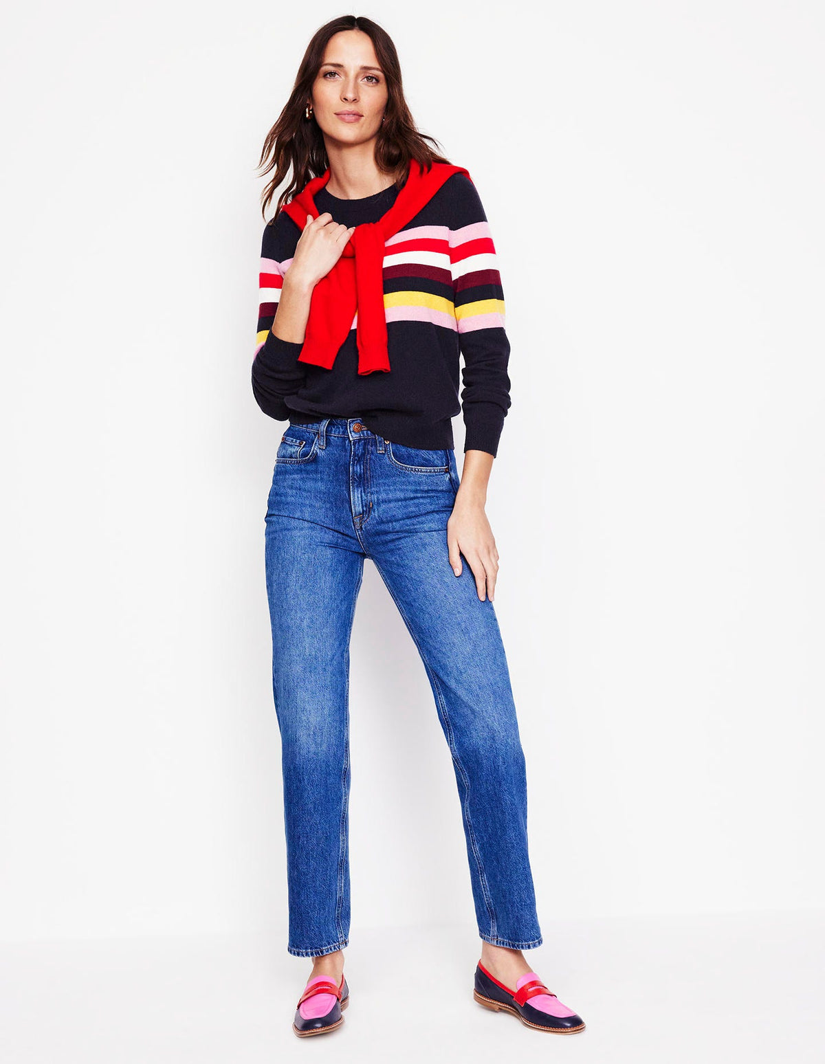 Eva Cashmere Crew Neck Sweater-Navy, Rainbow - Image 5