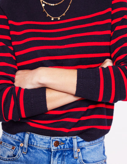 Eva Cashmere Crew Neck Jumper-Navy/ Red