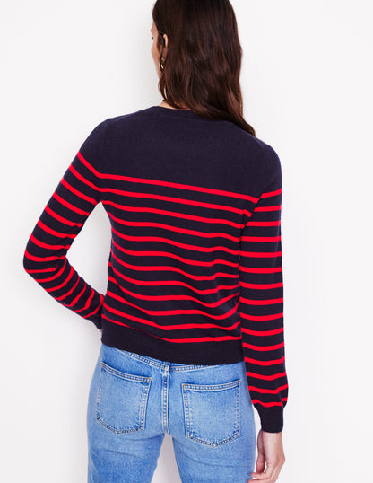 Eva Cashmere Crew Neck Jumper-Navy/ Red