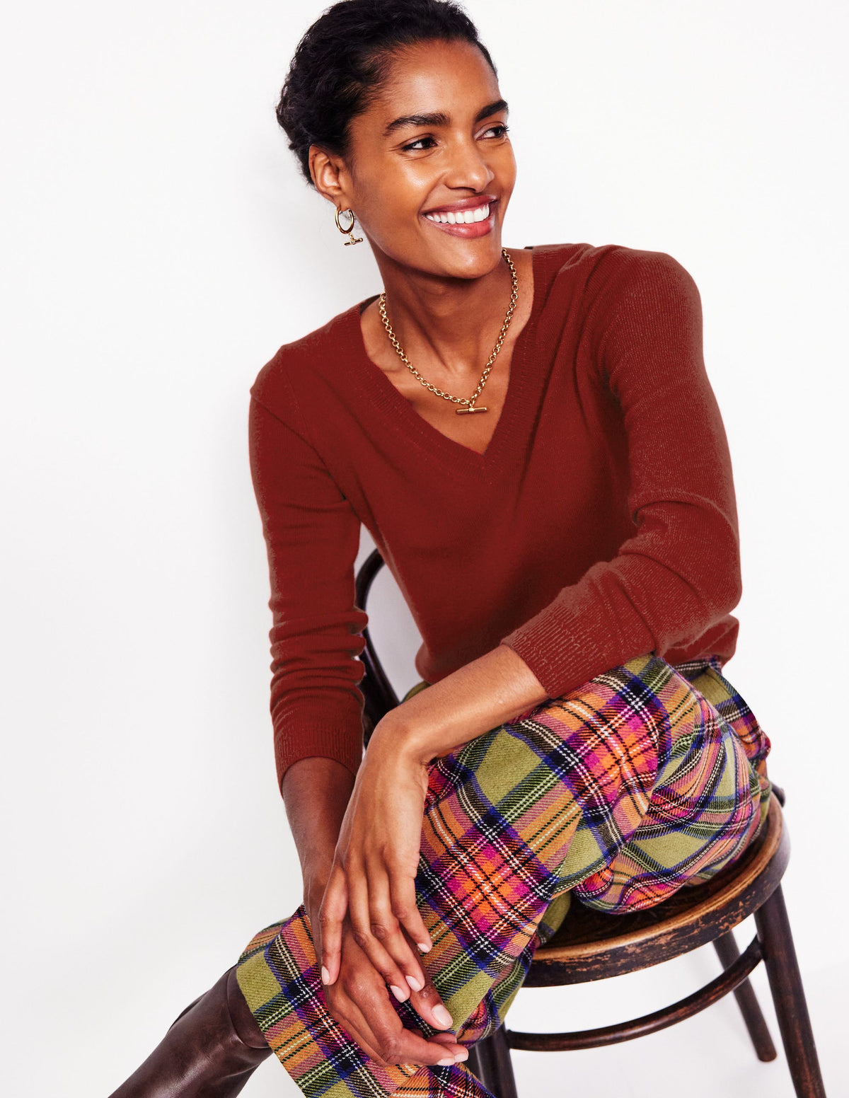 Eva Cashmere V-Neck Sweater-Copper Brown - Image 1