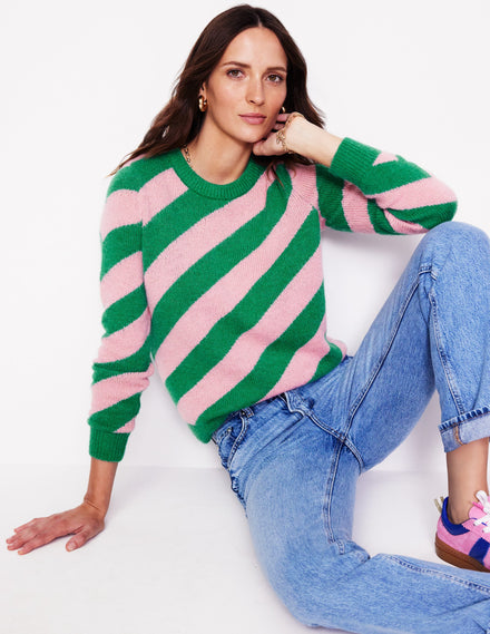 Fluffy Diagonal Stripe Sweater-Party Pink, Rich Emerald Green